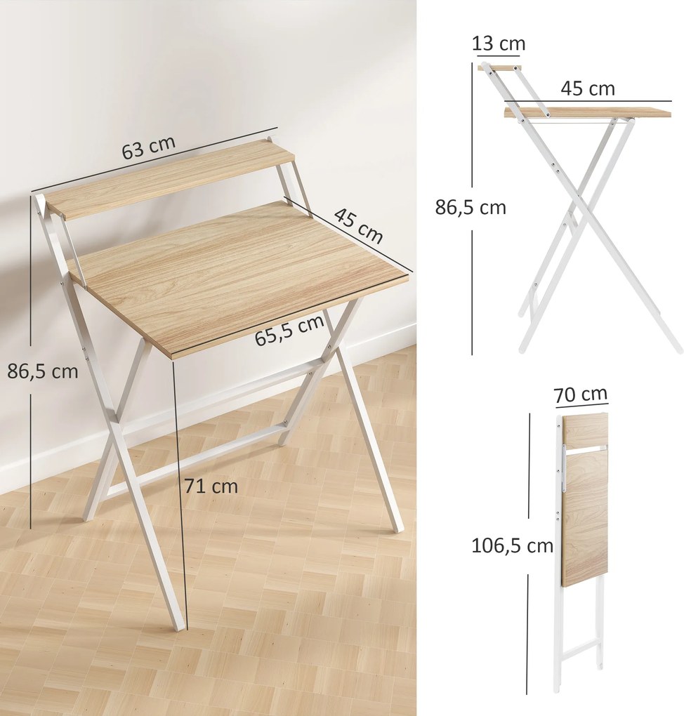 HOMCOM Biurko z podstawką pod monitor, 70 cm składane biurko komputerowe do home office, małe pomieszczenia, naturalne | Aosom PL