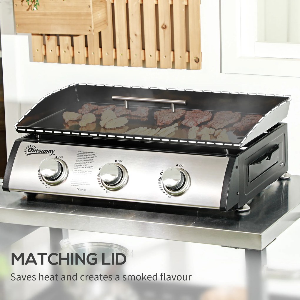 Outsunny Grill gazowy z pokrywą, 3 palniki, tłuszcz zatrzymywany w tacy, płyta z powłoką nieprzywierającą, 63x47x25 cm, Czarny/Srebrny