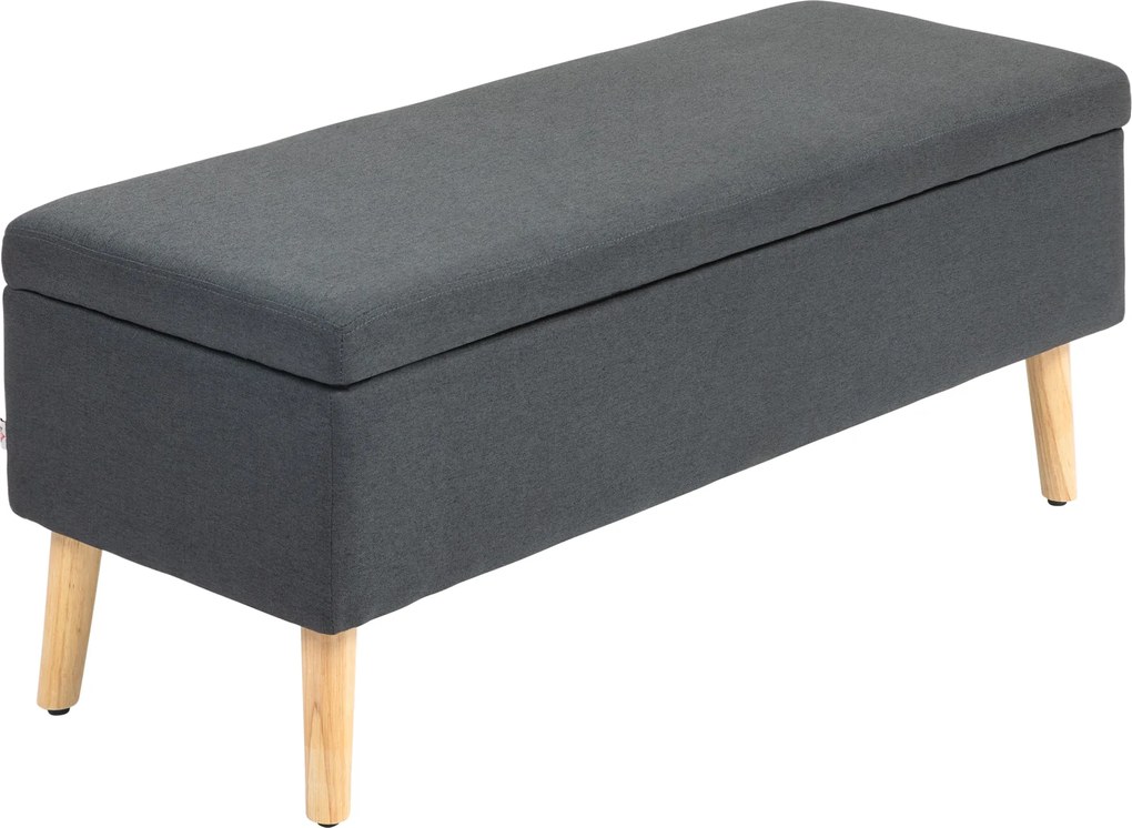 HOMCOM Ławka Tapicerowana z Schowkiem, Siedzisko Bankowe w Wyglądzie Lnu, Drewno Kauczukowe, 110 x 39 x 45 cm, Ciemnoszare