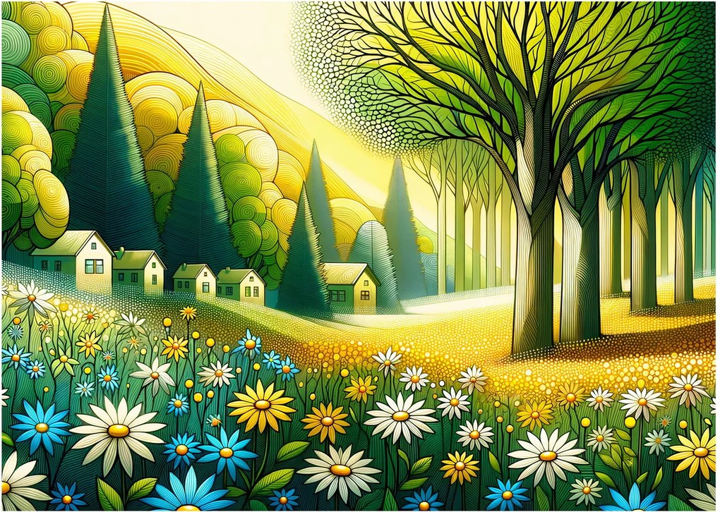 Obraz na szkle - Wieś w żółto-zielonym (70x50 cm)