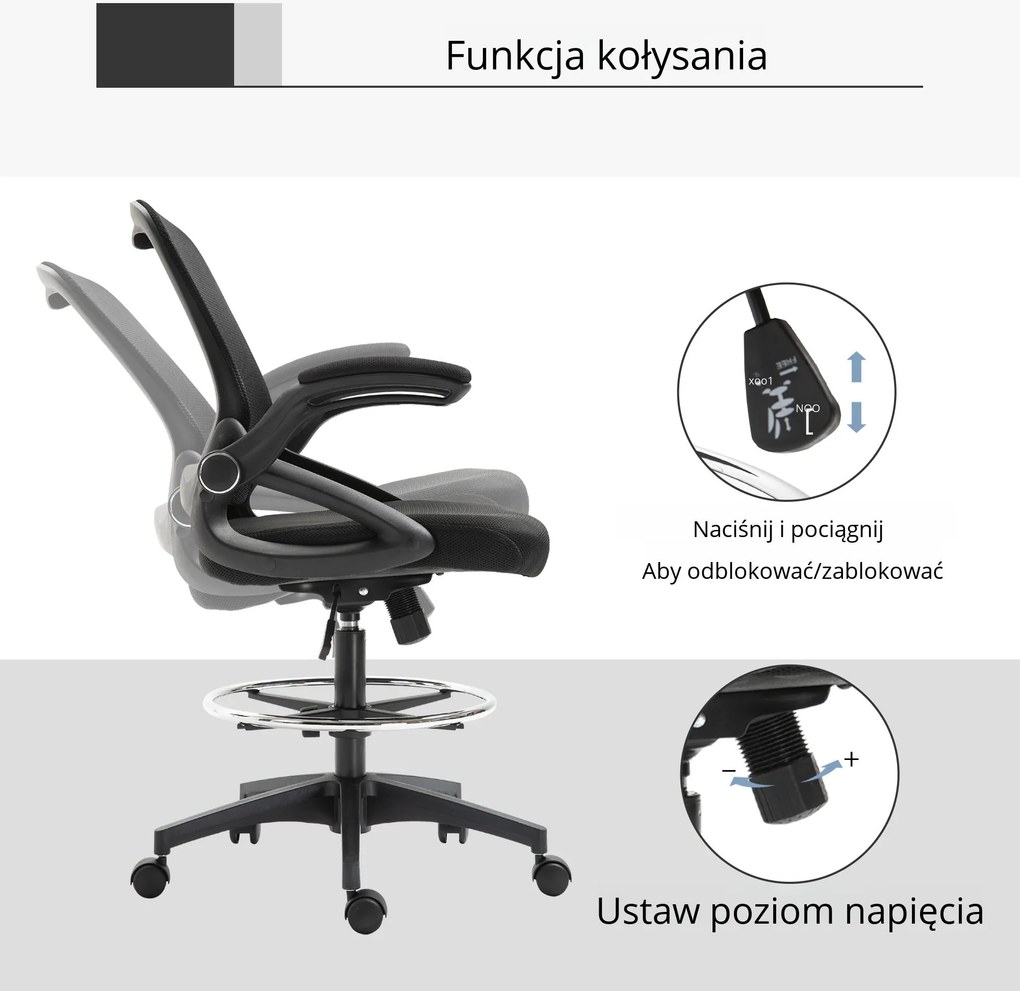 Vinsetto fotel biurowy do pracy na stojąco wysokie krzesło obrotowe z podnóżkiem regulacja wysokości ergonomiczny siatka do 120 kg czarny | Aosom PL