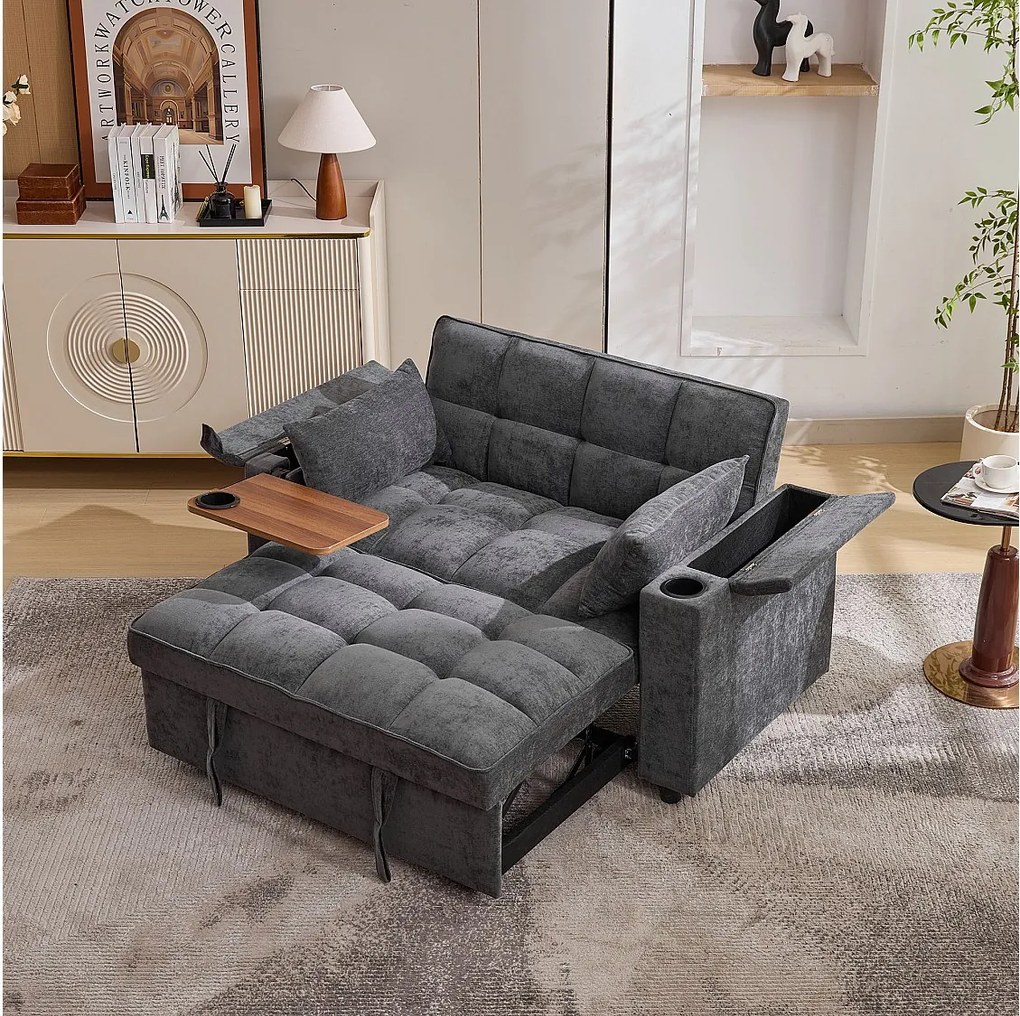 Sofa 2-osobowa z funkcją spania 3 w 1 - 140,5 x 74 x 82 cm - z regulowanym oparciem + USB + 1 chowany stolik - MDF - szara