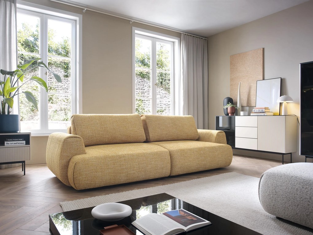 Masseno Sofa ZEST z funkcją spania i pojemnikiem na pościel, Rozkładana sofa - Żółty, SILENCIO 53