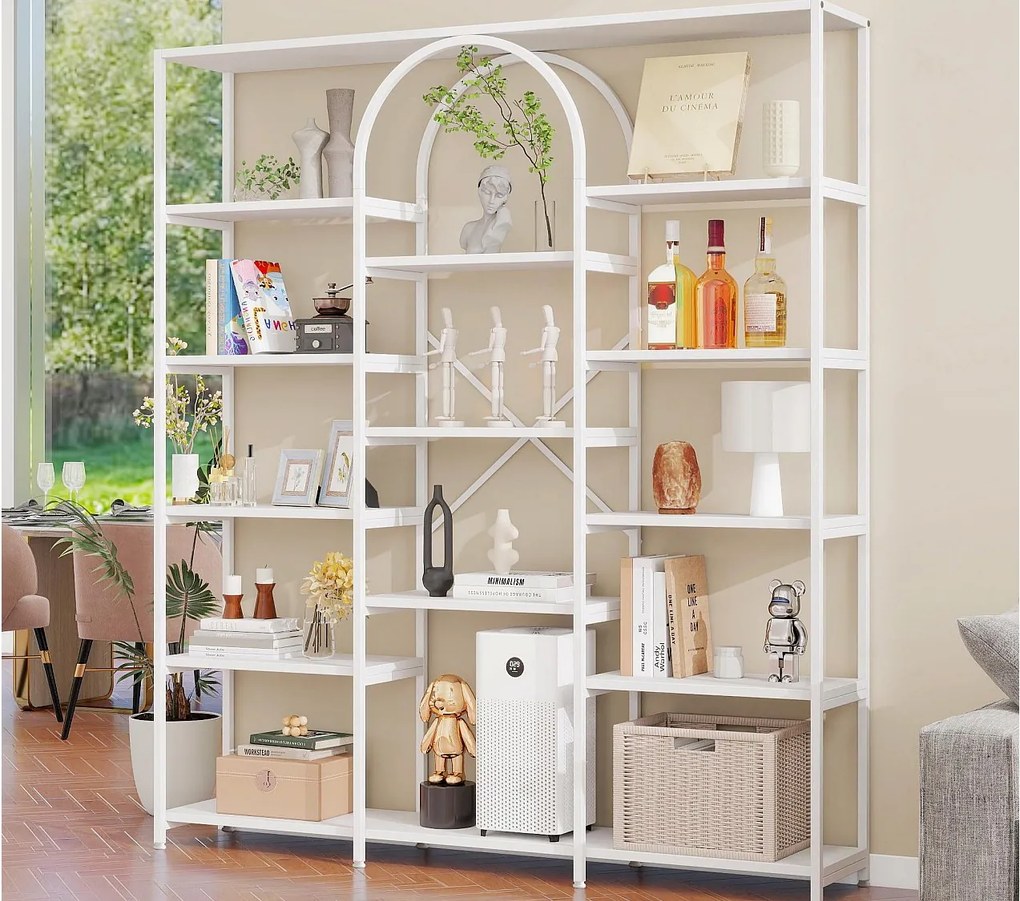 Nowoczesna półka 160x30x180 cm - Półki na kilku poziomach - Rury stalowe + MDF - Design prostokątny i zakrzywiony - Biały