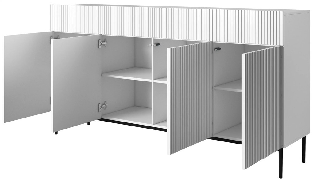 Komoda czterodrzwiowa Nicole 200 cm z szufladami z ryflowanym frontem - biały mat / czarne nóżki