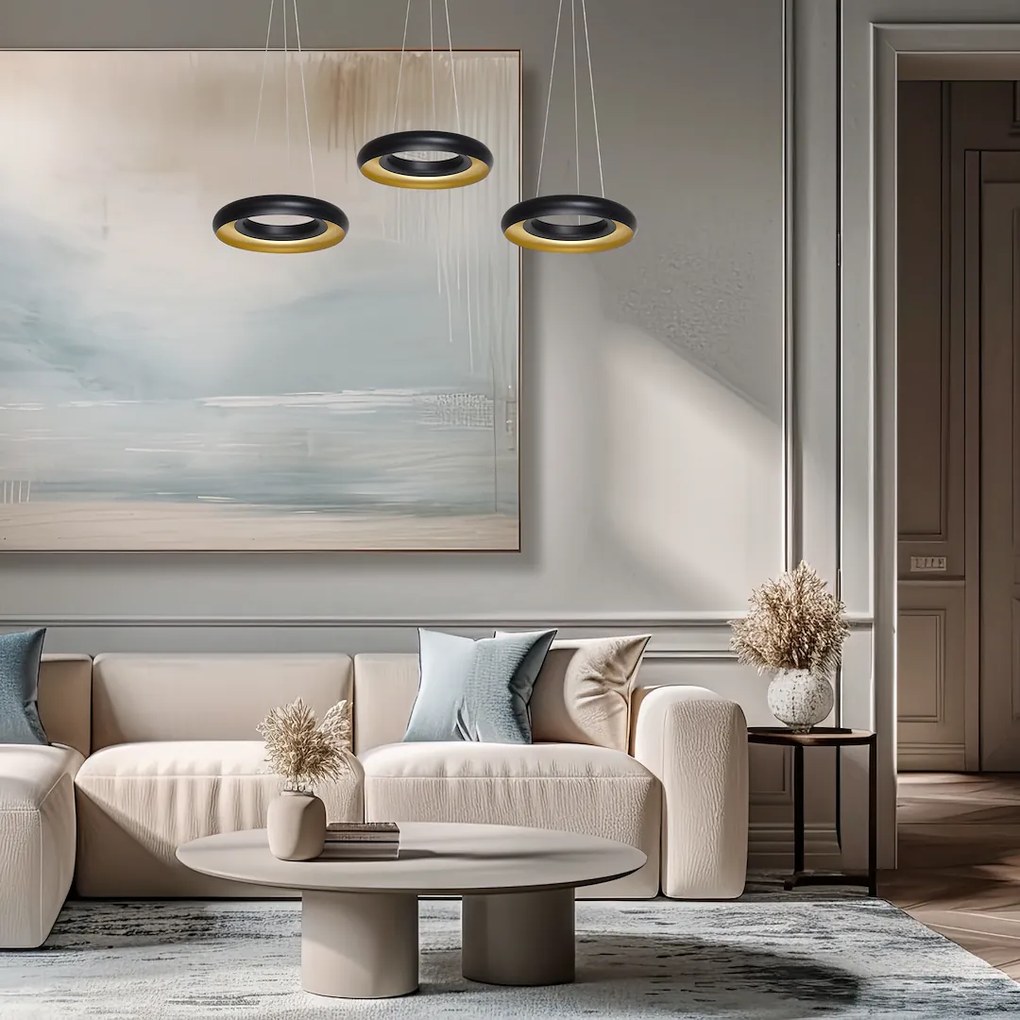 LAMPA WISZĄCA Potrójna czarna-złota RONDO NERO 36W LED