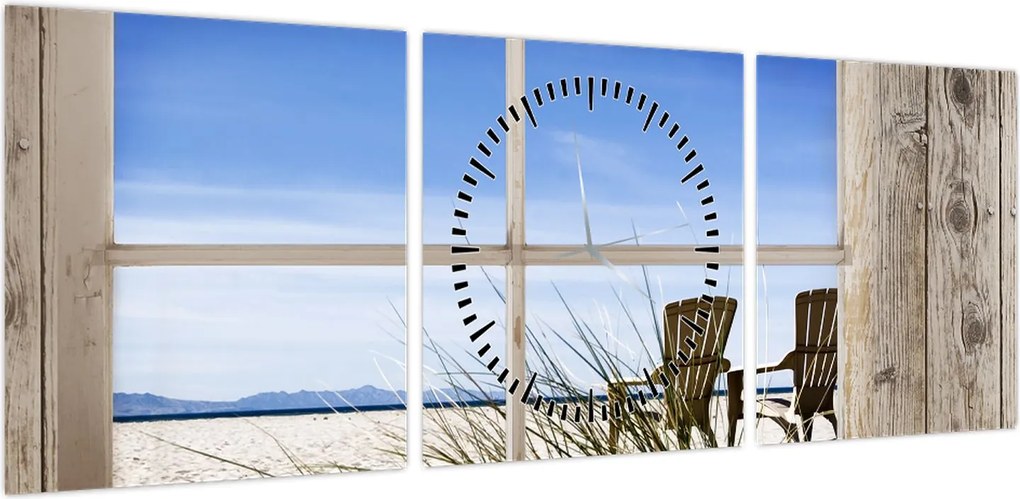 Obraz - Okno z widokiem na plażę (z zegarem) (90x30 cm)