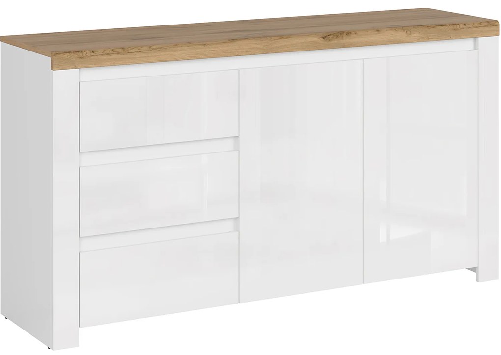 Komoda Dwudrzwiowa z Szufladami Drewniana do Salonu HAVEN 156 cm Biały Połysk/Dąb Wotan Nowoczesna