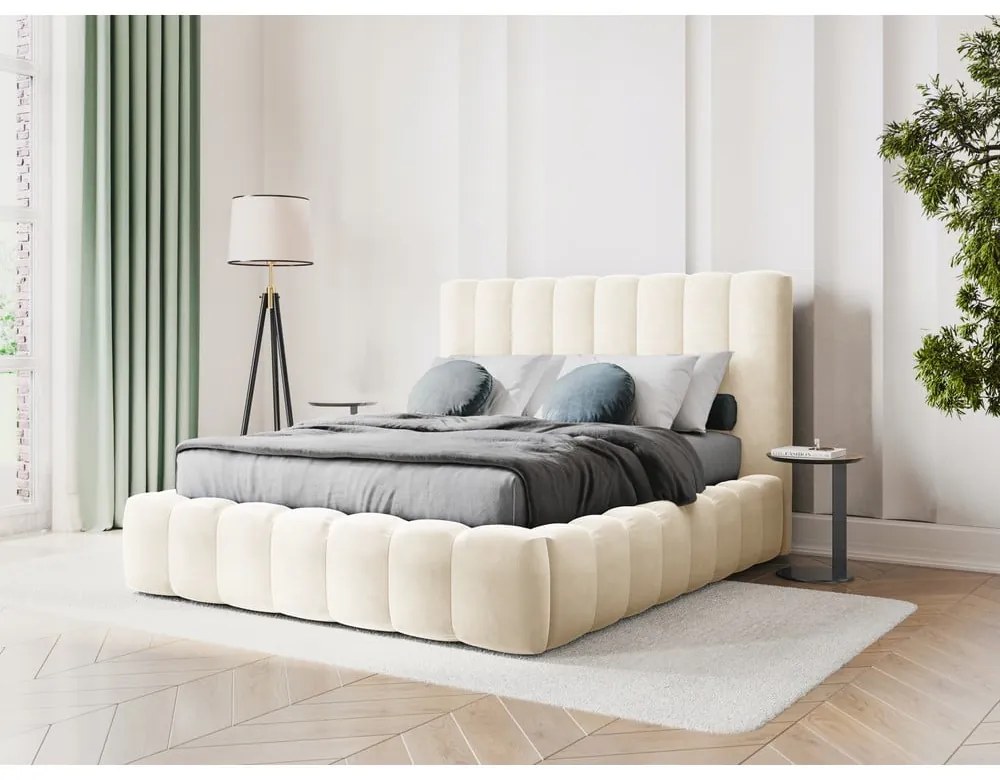 Beżowe tapicerowane łóżko dwuosobowe ze schowkiem i stelażem 200x200 cm Kelp – Micadoni Home