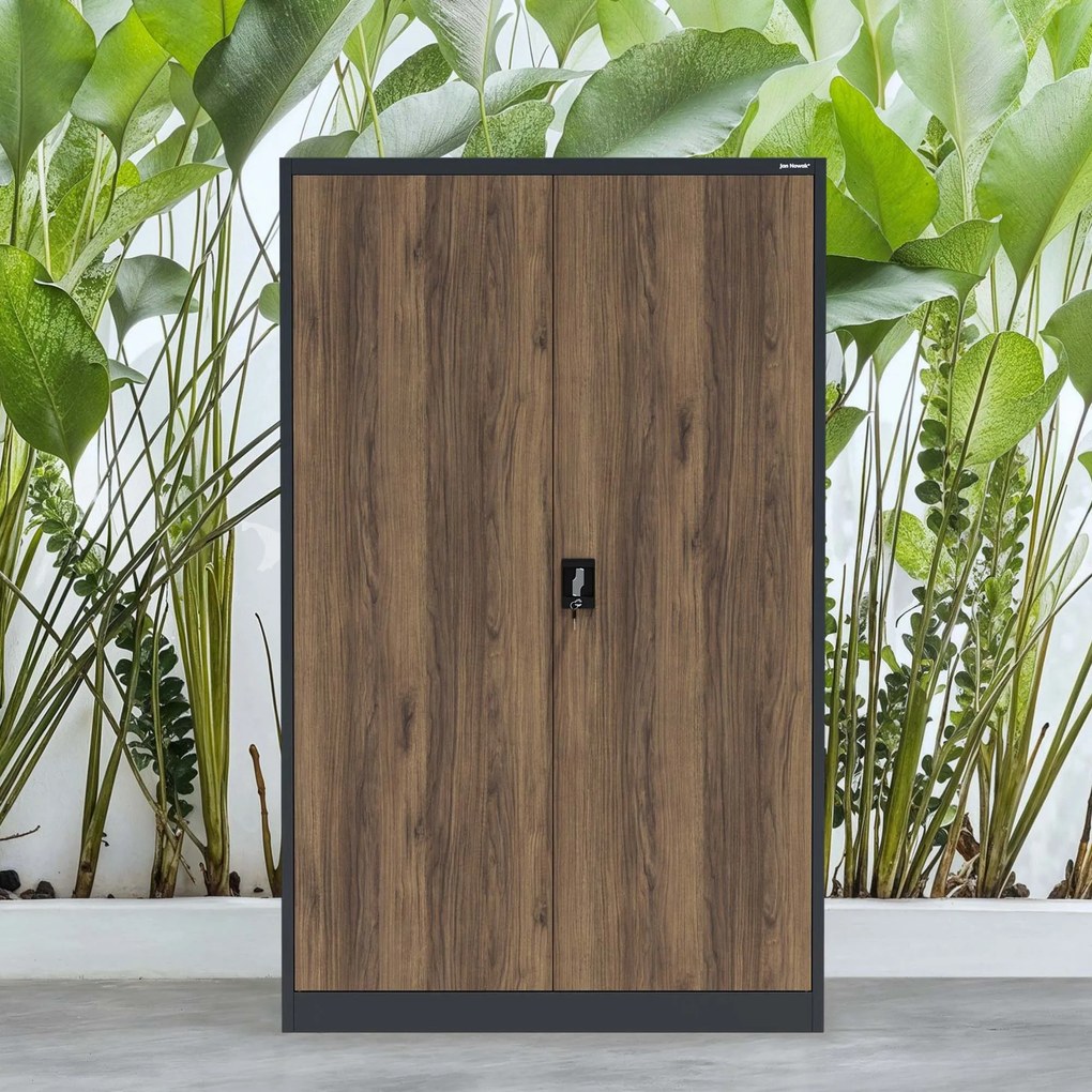 Szafa biurowa metalowa na akta, szeroka, antracyt/orzech, 1150x1850x400 mm: JAN II Eco Design