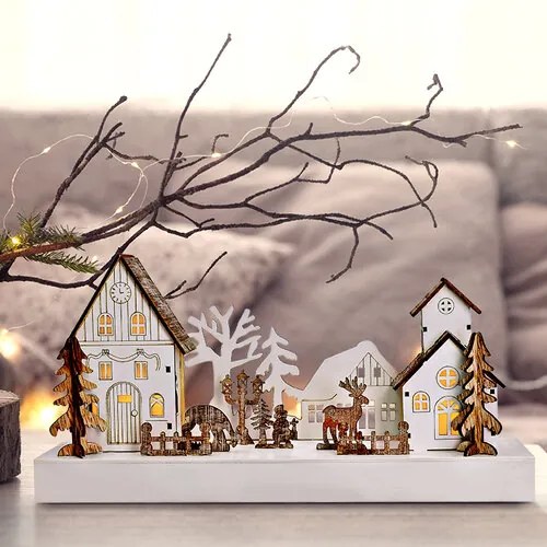 Solight LED wioska świąteczna, 34 x 17 cm, drewno, 4 diody LED, 2x AA