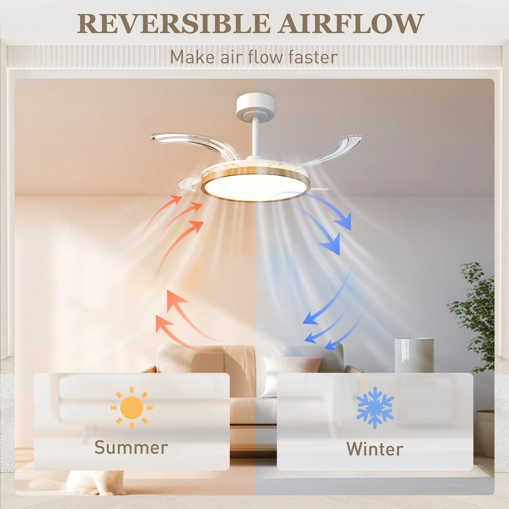HOMCOM Wentylator sufitowy z lampą i pilotem, Ø95 cm, nowoczesny wentylator sufitowy LED ze składanymi łopatkami, drewno naturalne | Aosom PL