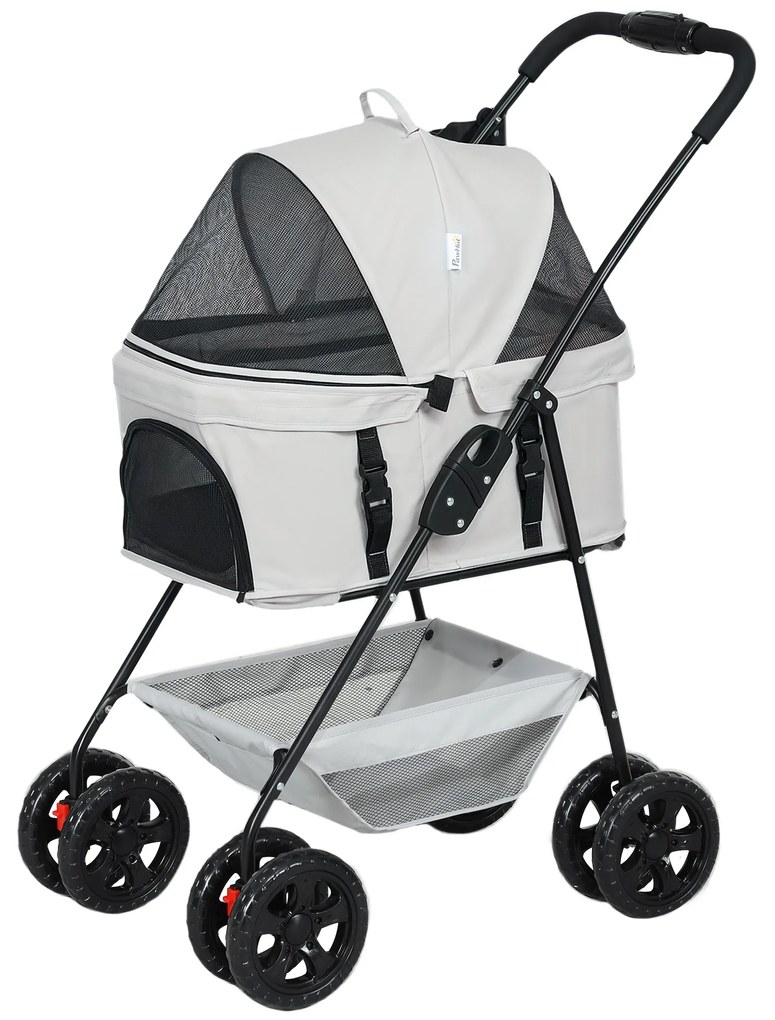 PawHut 3-w-1 Wózek Dla Zwierząt Domowych, Składany Wózek Dla Psów z 4 Kołami i Zdejmowaną Torbą Dla Psów i Kotów, Szary