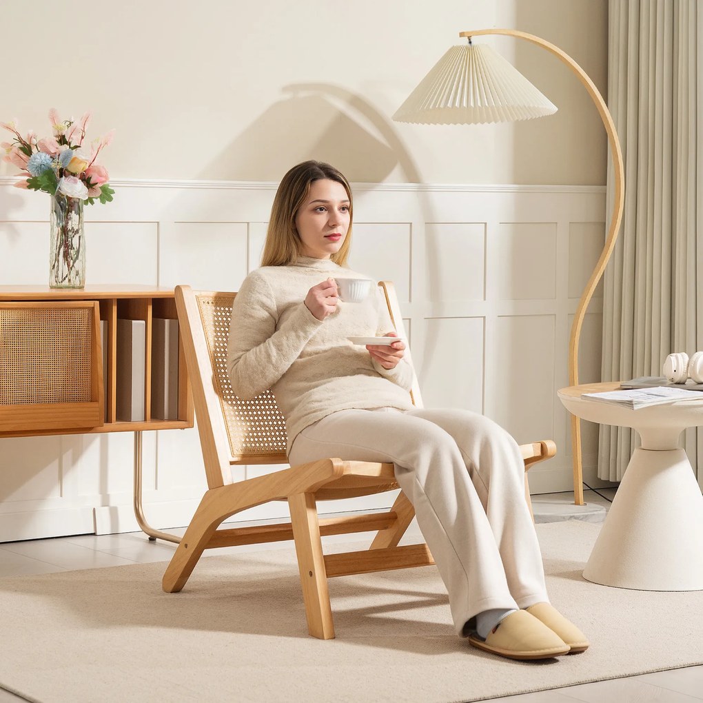 HOMCOM Rattanowy fotel do czytania, Szerokie siedzisko, Drewniana rama, 64 x 70 x 74 cm, Drewno naturalne