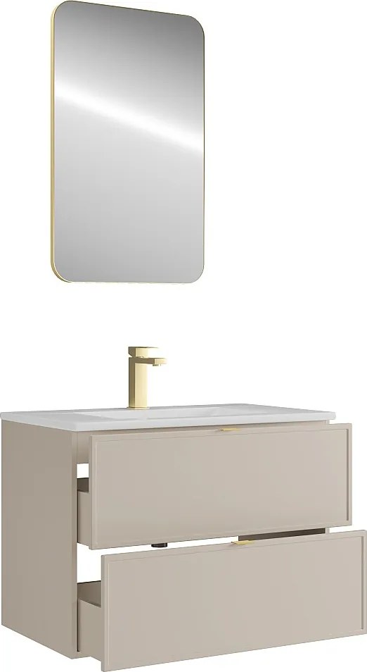 Wisząca szafka łazienkowa z wpuszczaną umywalką, baterią i lustrem – Beżowa – 80 cm – ONDIL