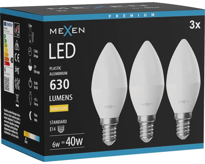 Mexen Nova 3x żarówka LED E14, C37, 6W, Ciepła - 3000K, 630 lm - L102-E14-0630-01x03