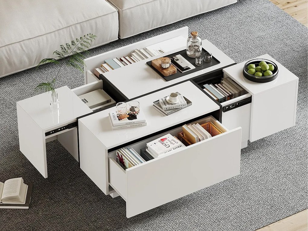 Nowoczesny stół kawowy 100x60x40cm - błyszczące wykończenie - z 4 szufladami - biały