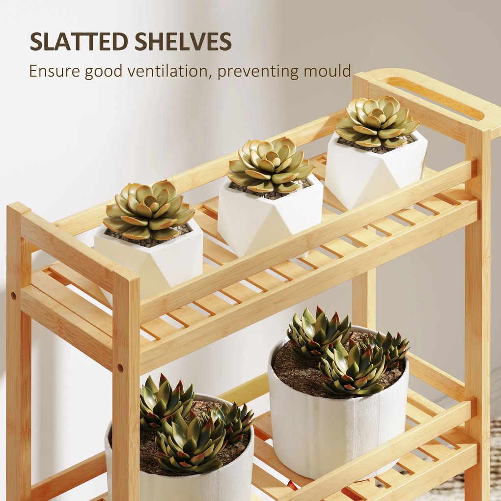 HOMCOM Wózek Serwisowy, 3 Poziomy, Półki Listwowe, Zabezpieczenie przed Wypadaniem, Bambus, 55 x 20 x 75 cm