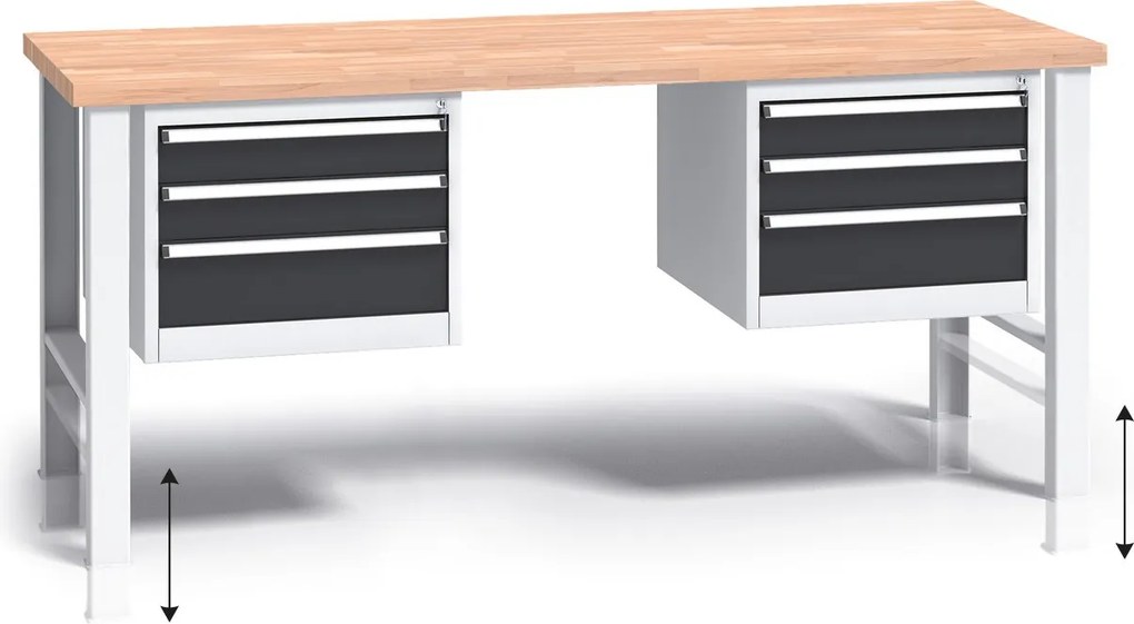 Stół warsztatowy z regulacją wysokości G3, 2000 x 685 x 840-1050 mm, 2x 3 szufladowy kontener, grafitowy