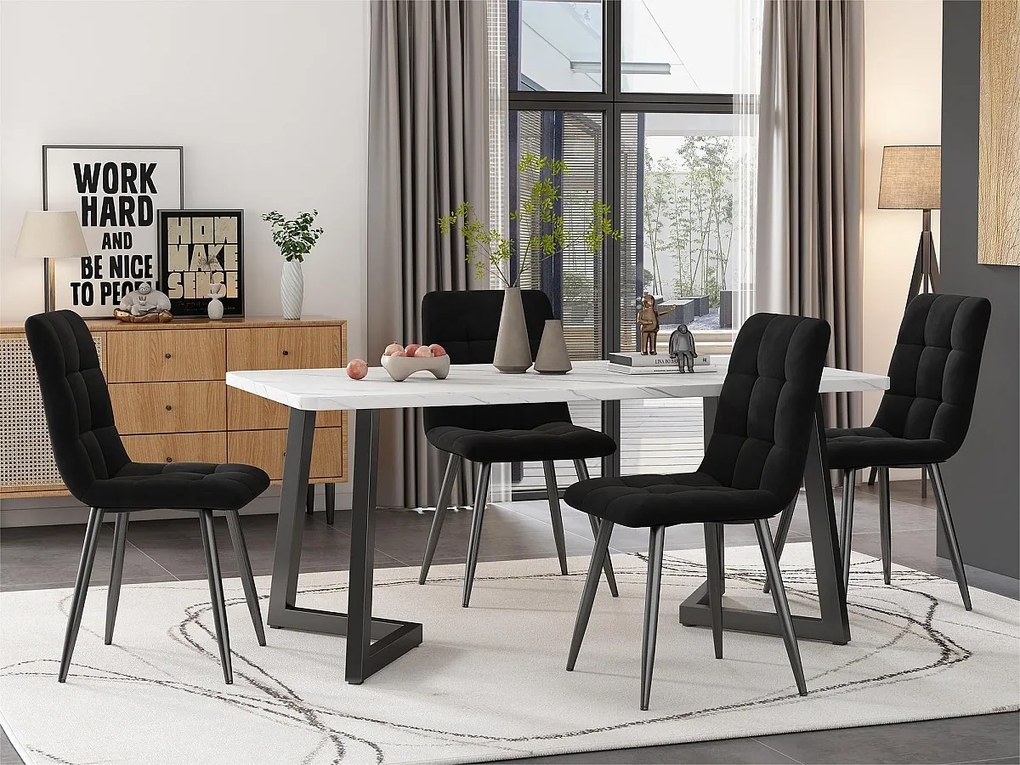 Stół jadalny - blat efekt marmuru - czarne metalowe nogi - 117x68cm - Biały i Czarny