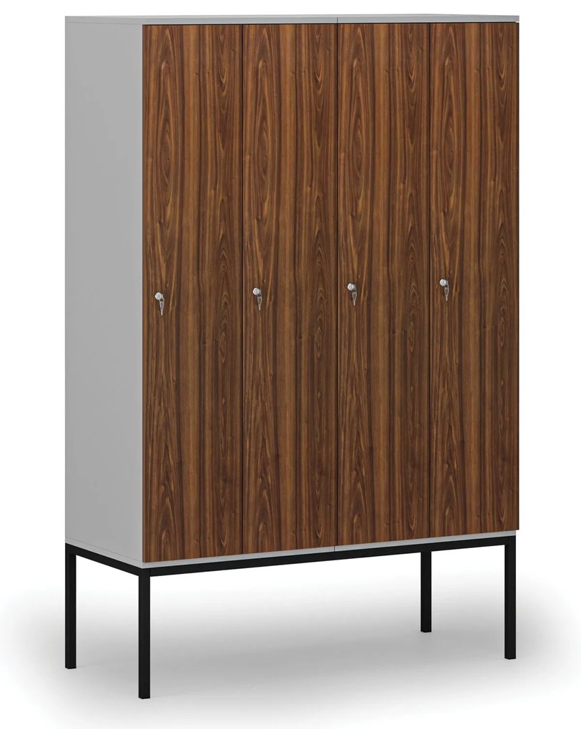 Drewniana szafa ubraniowa z podstawą, 4-drzwiowa, 1871 x 1200 x 500 mm, demontaż, zamek cylindryczny, szary/orzech