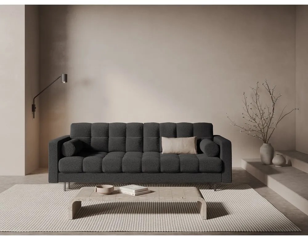 Ciemnoszara rozkładana sofa ze schowkiem z materiału bouclé 222 cm Bali – Cosmopolitan Design