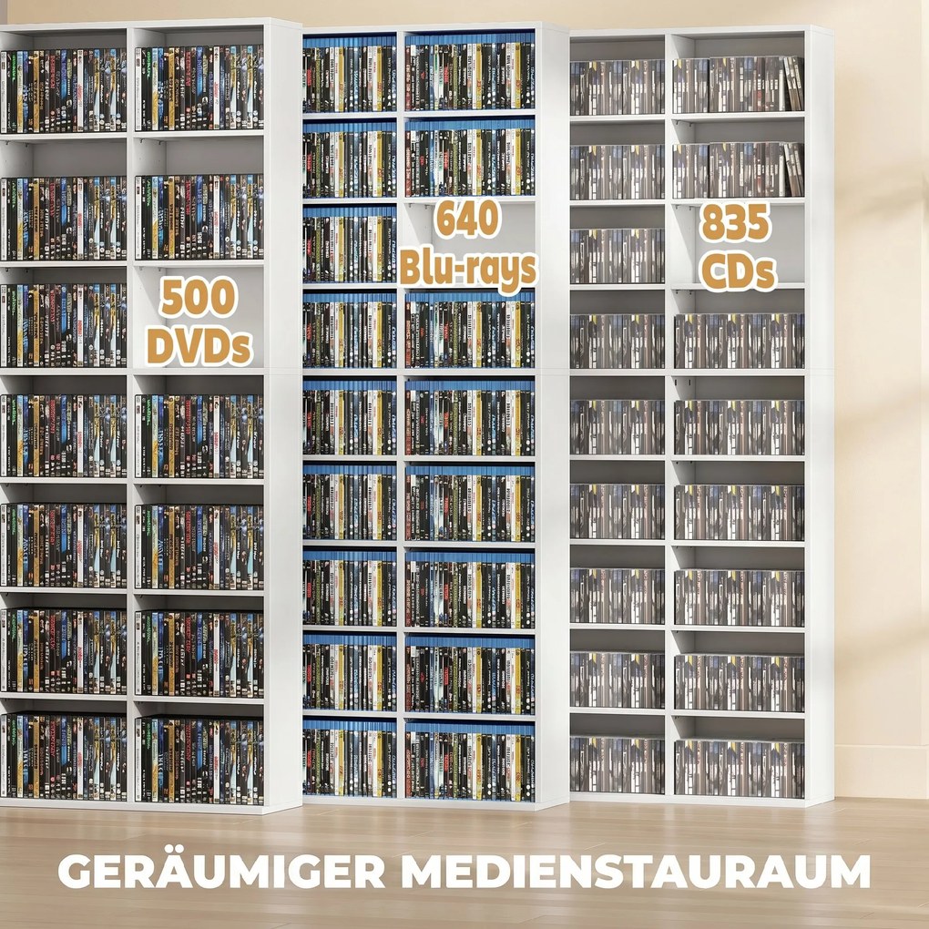 HOMCOM Regał na 835 płyt CD lub 500 płyt DVD, regał na media Blu-ray z 27 przegródkami i 21 regulowanymi półkami, biały | Aosom PL