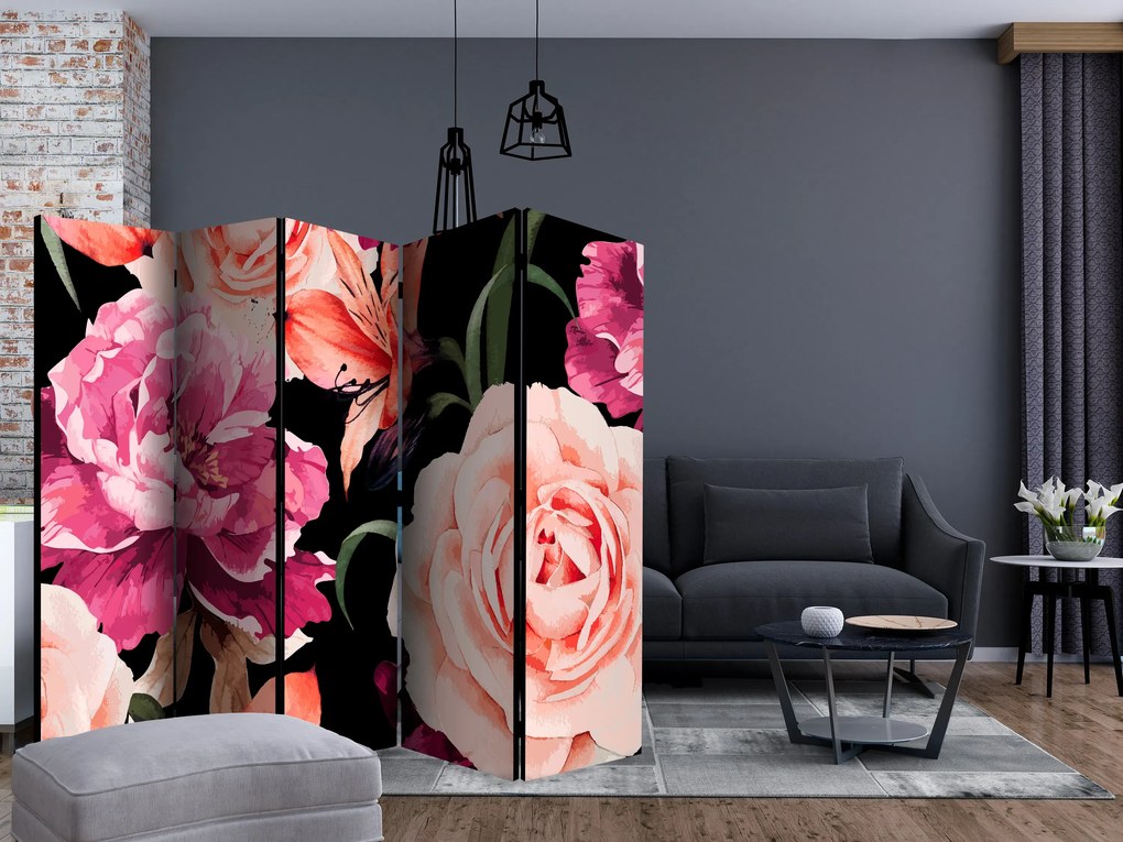 Parawan akustyczny Kwiaty 225x172 cm 5-częściowy czarny ARTGEIST B