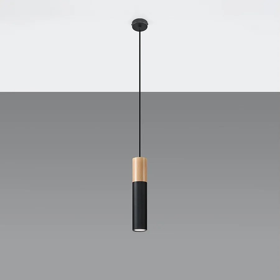 Lampy wiszące nowoczesny Poblano, stal/drewno - 1 źródło światła 4000K - L.8 x H.105 cm - naturalne drewno/czarny