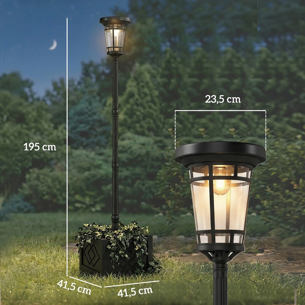 Outsunny Lampa Solarna Stojąca z Donicą 195 cm Zewnętrzna Latarnia Ogrodowa z 2 Poziomami Jasności Czujnik Światła IP44 | Aosom PL