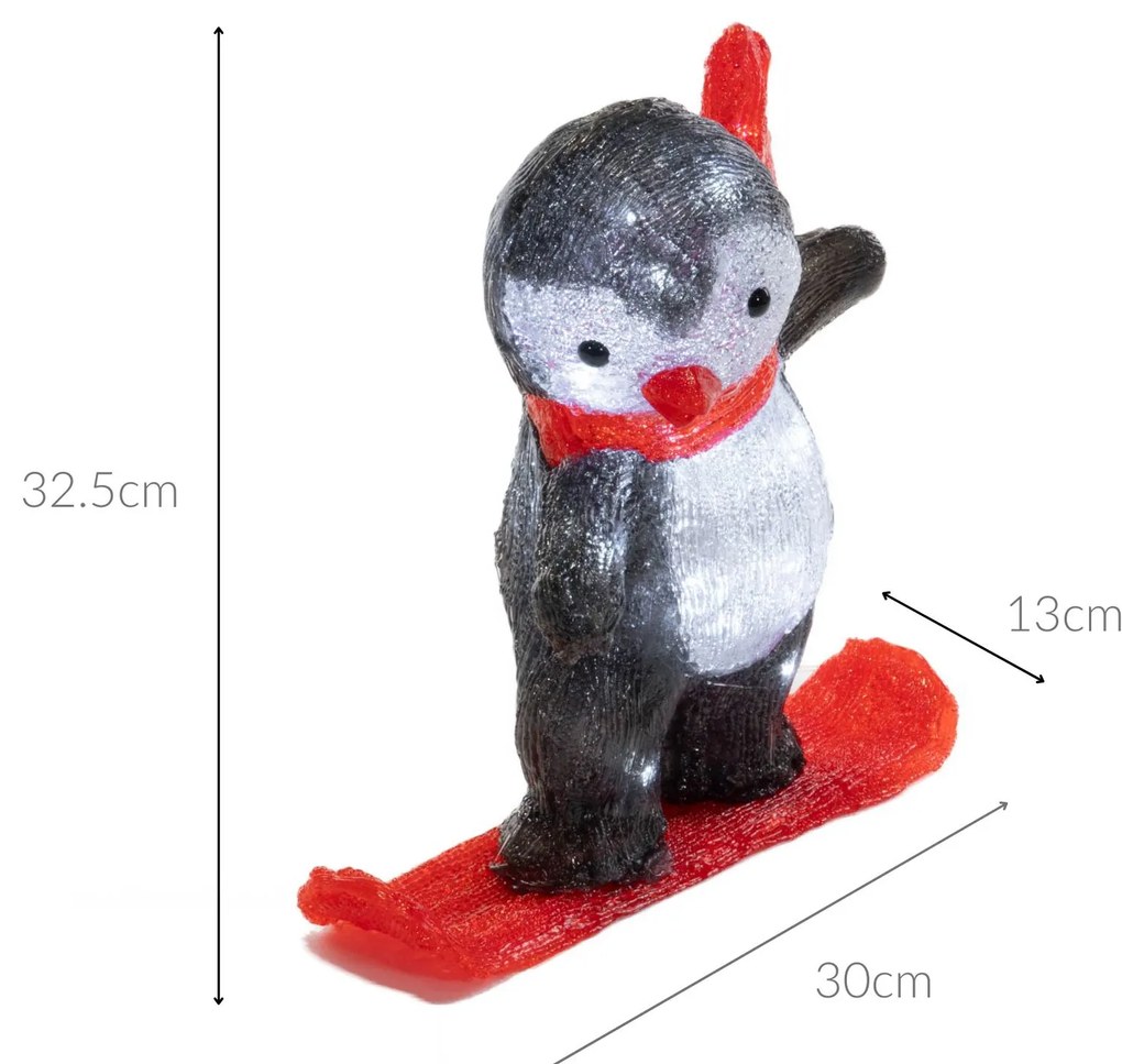 Dekoracja zimowa LED, pingwin na desce, 30,3 cm