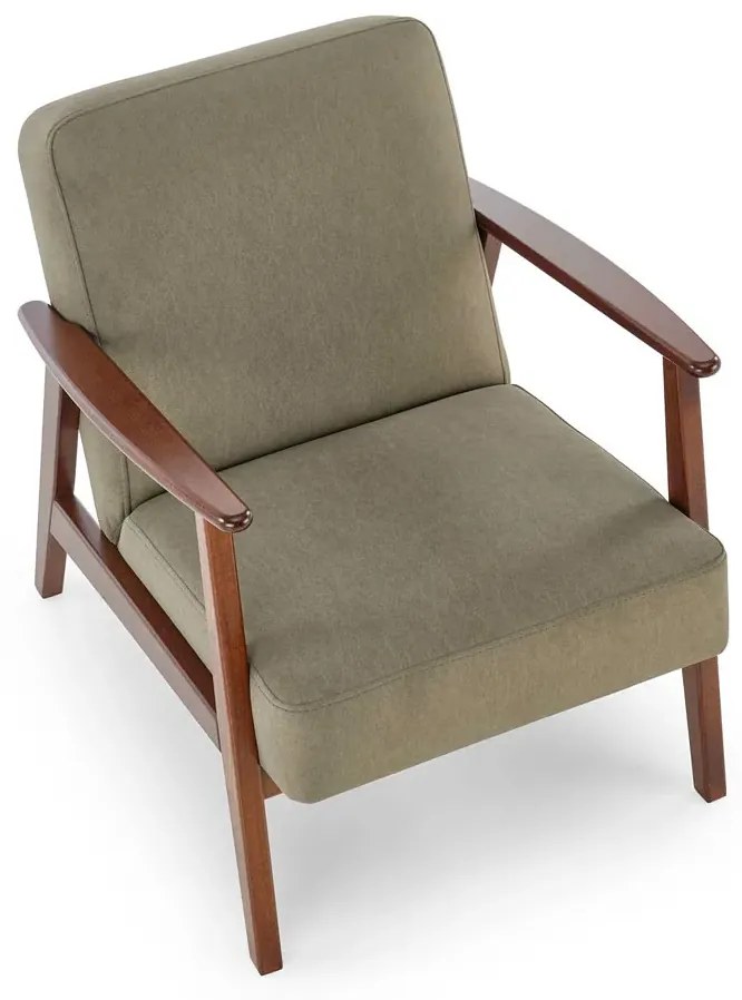 Oliwkowy fotel drewniany typu lisek w stylu vintage L3-P88