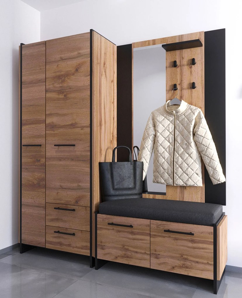 Nowoczesny wieszak ścienny z lustrem dąb wotan + czarny L0-M60