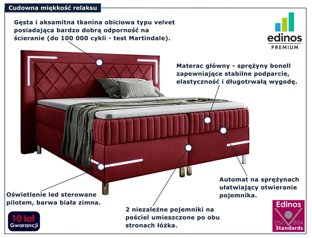 Czerwone welurowe łóżko kontynentalne LED 5 rozmiarów L4-S16