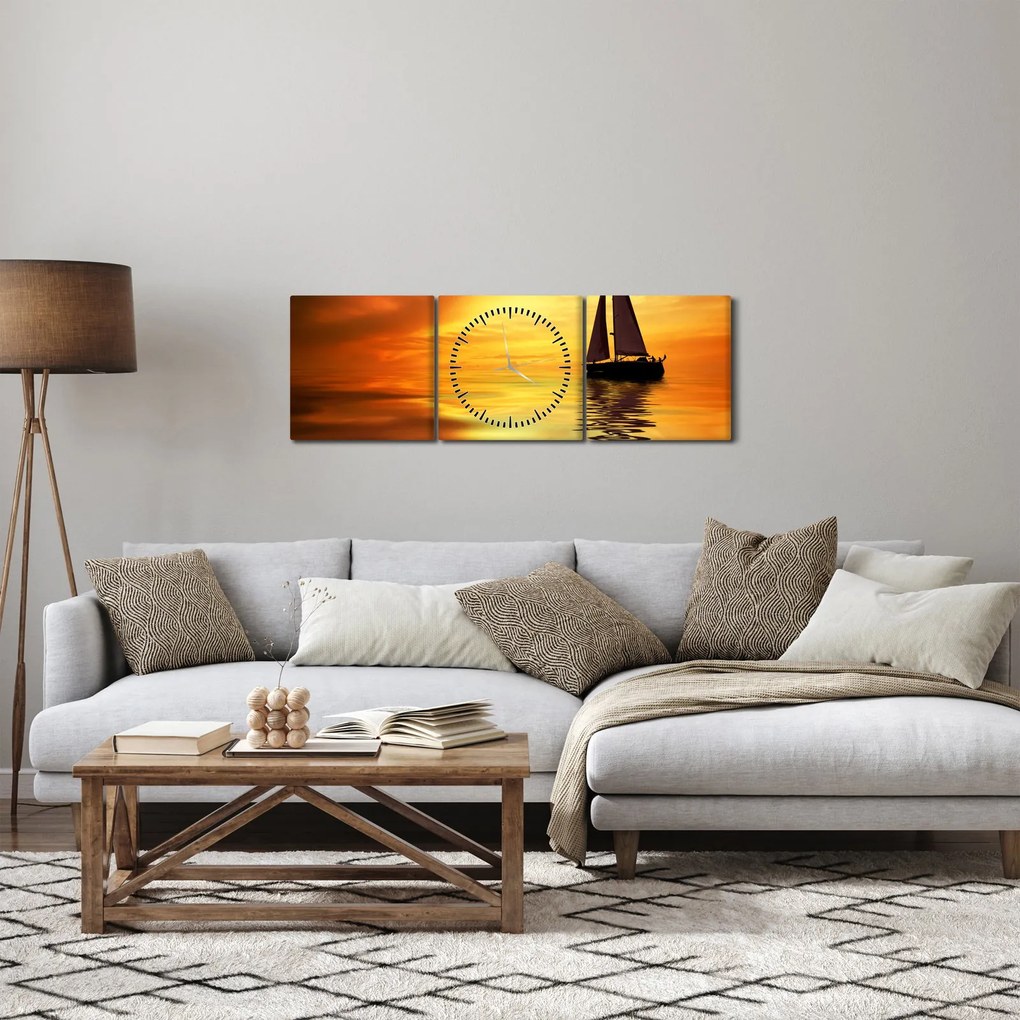 Obraz - Żaglówka o zachodzie słońca (z zegarem) (90x30 cm)