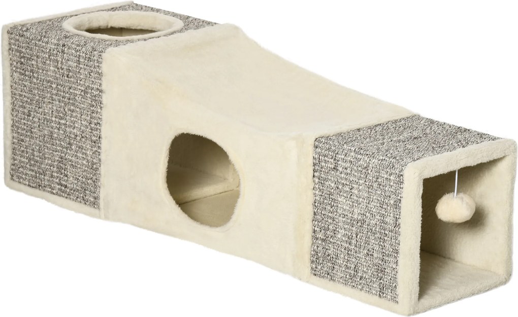 PawHut Tunel zabawkowy dla kotów z jaskiniami i drapakami Beżowo-brązowy z piłką 98x30x30cm | Aosom PL