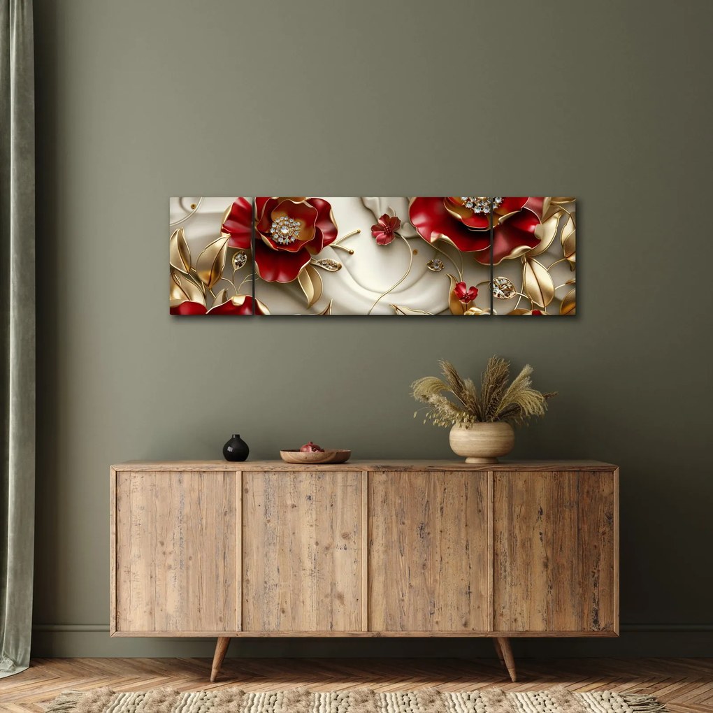 Obraz - 3D czerwono-złote kwiaty (170x50 cm)