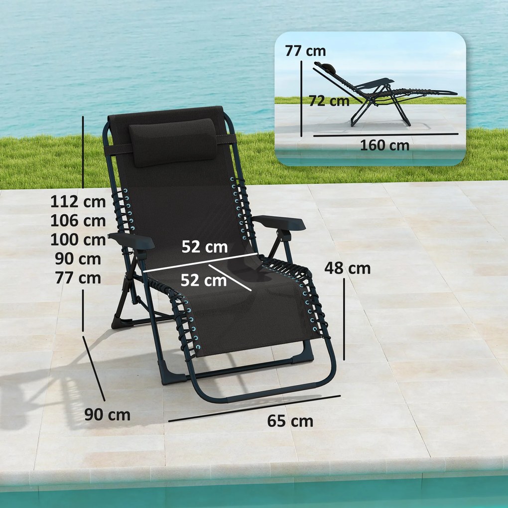 Outsunny Składany leżak ogrodowy z poduszką, z 5-stopniową regulacją oparcia, odporny na ciężar do 120 kg, czarny