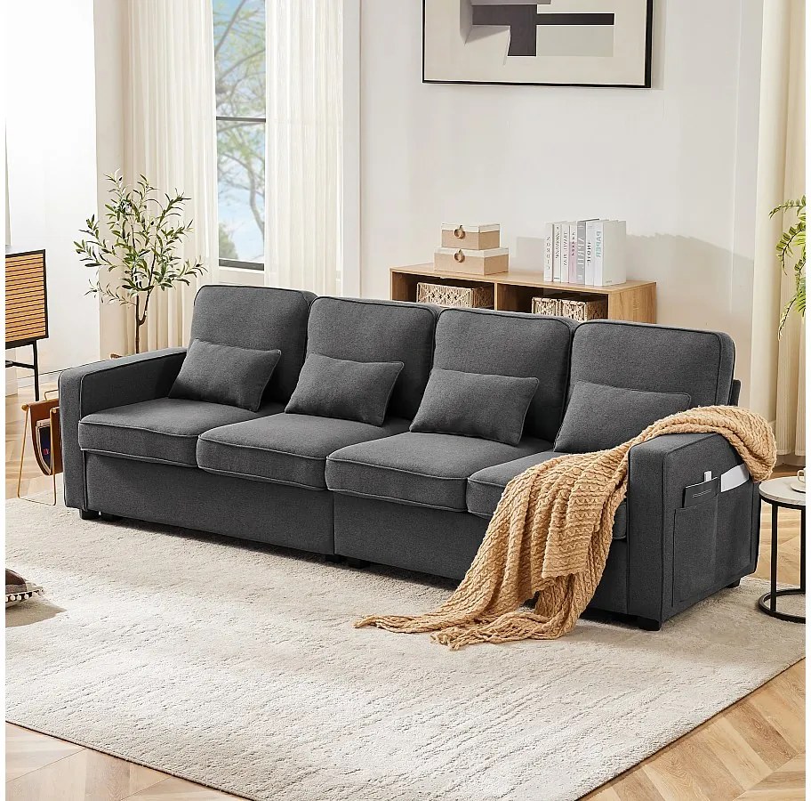 Sofa 4-osobowa z podłokietnikami i 4 poduszki - ciemnoszary len - do salonów i biur