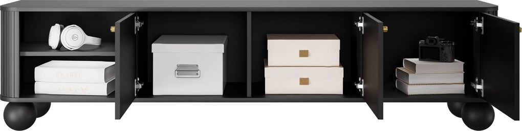 Szafka RTV Vesper 187 cm trzydrzwiowa - czarny / złote uchwyty / nogi kule