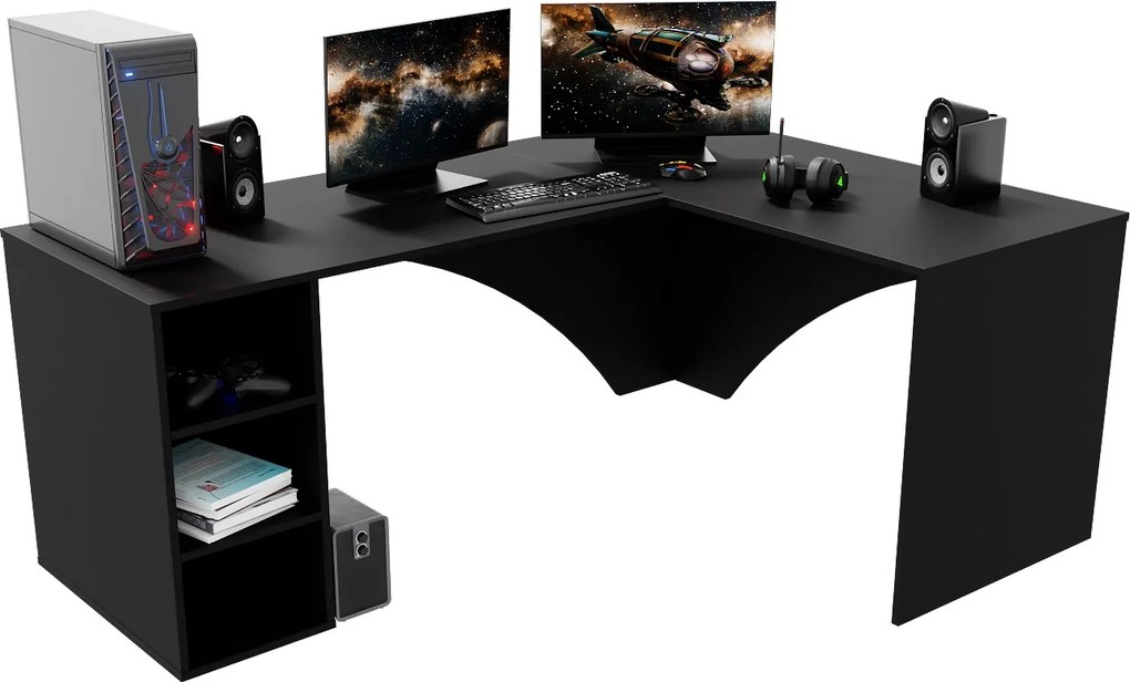 Biurko narożne do gamingu Carbon z otwartym regałem