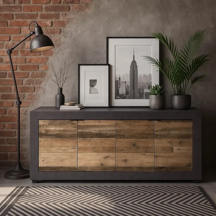 Komoda Czterodrzwiowa BLAGO 180 cm Ciemny Dąb/Czarny Loft