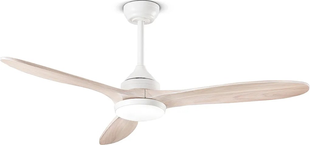 Wentylator sufitowy Perenz 7170 B CT z oświetleniem, bielone drewno – Ø 130 cm, 3 łopatki, 5 prędkości, silnik prądu stałego 26 W, cichy