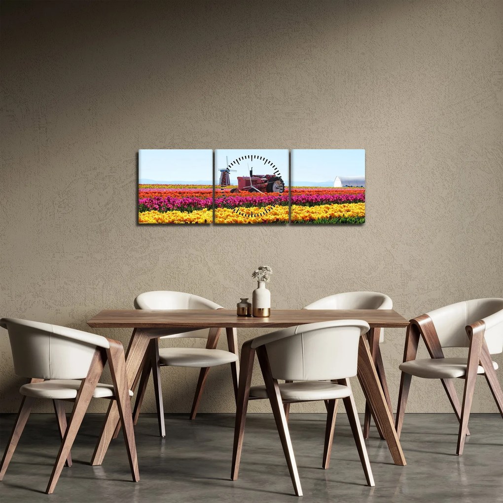 Obraz farmy tulipanów (z zegarem) (90x30 cm)