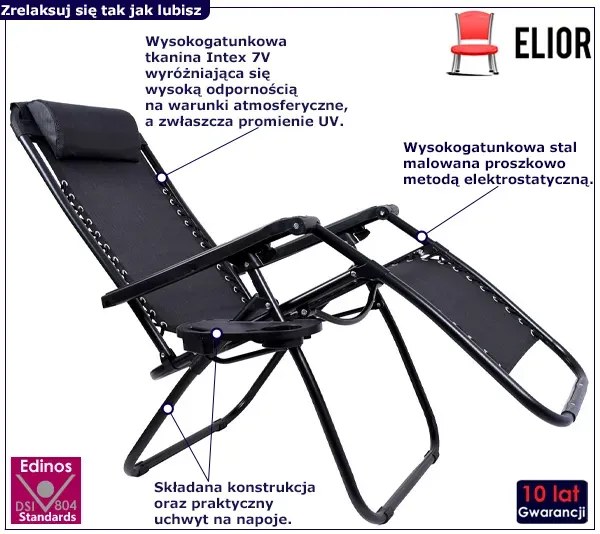 Leżak Ogrodowy, Czarny Plażowy Z Uchwytem Na Napoje G9-L38