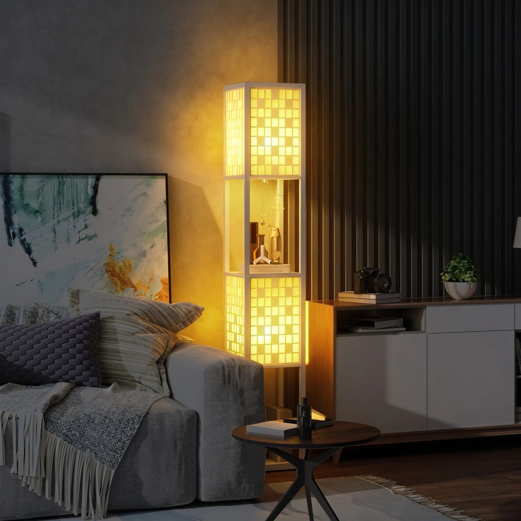 HOMCOM Lampa Podłogowa w Kratkę z 2-Poziomowymi Półkami, dla Różnych Żarówek, Biała