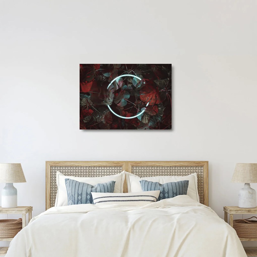 Obraz na szkle - Neonowe koło między palmami (70x50 cm)