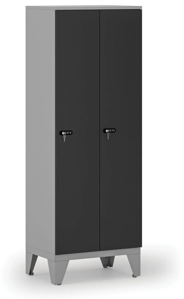 Drewniana szafa ubraniowa, obniżona, 2-drzwiowa, 1660 x 600 x 400 mm, zamek mechaniczny z kodem, szary/grafitowy