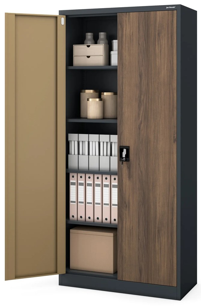 Szafa biurowa metalowa wysoka na dokumenty antracytowa/orzech, 900x1950x400 mm: JAN H Eco Design