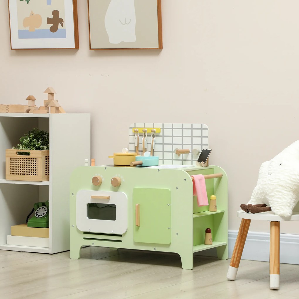 AIYAPLAY zestaw kuchni dla dzieci, MDF, 15 akcesoriów, szafki, 40 cm, od 3 lat, zielony